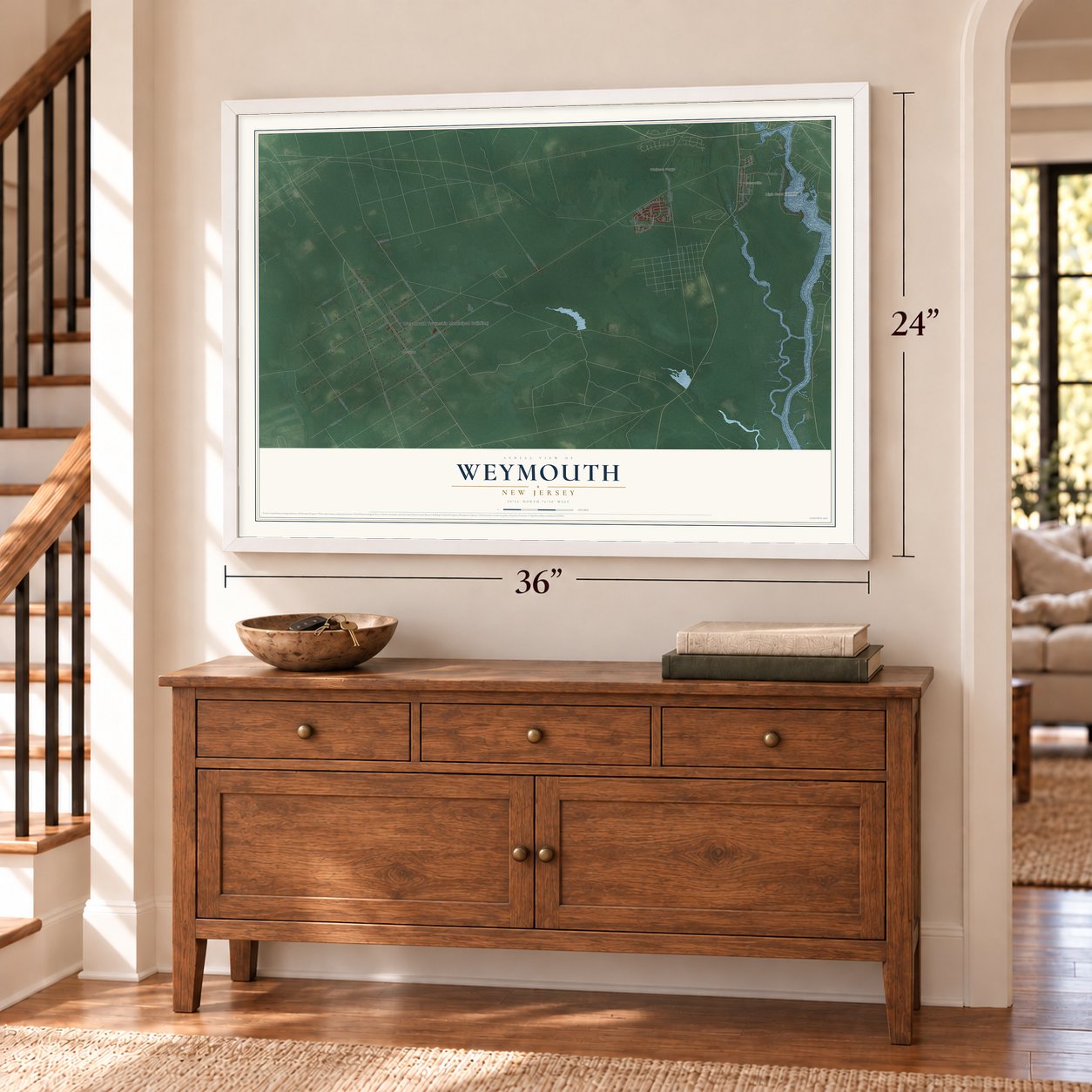 Weymouth, New Jersey map, 24 x 36 inch print in a white frame above a dresser by a staircase