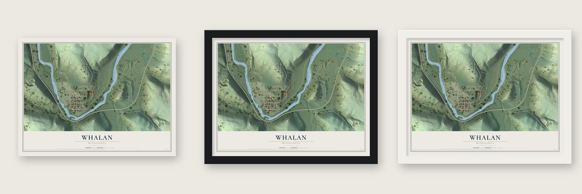 Whalan, Minnesota map unframed, in a black wood frame and in a white wood frame