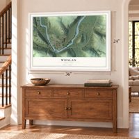Whalan, Minnesota map, 24 x 36 inch print in a white frame above a dresser by a staircase