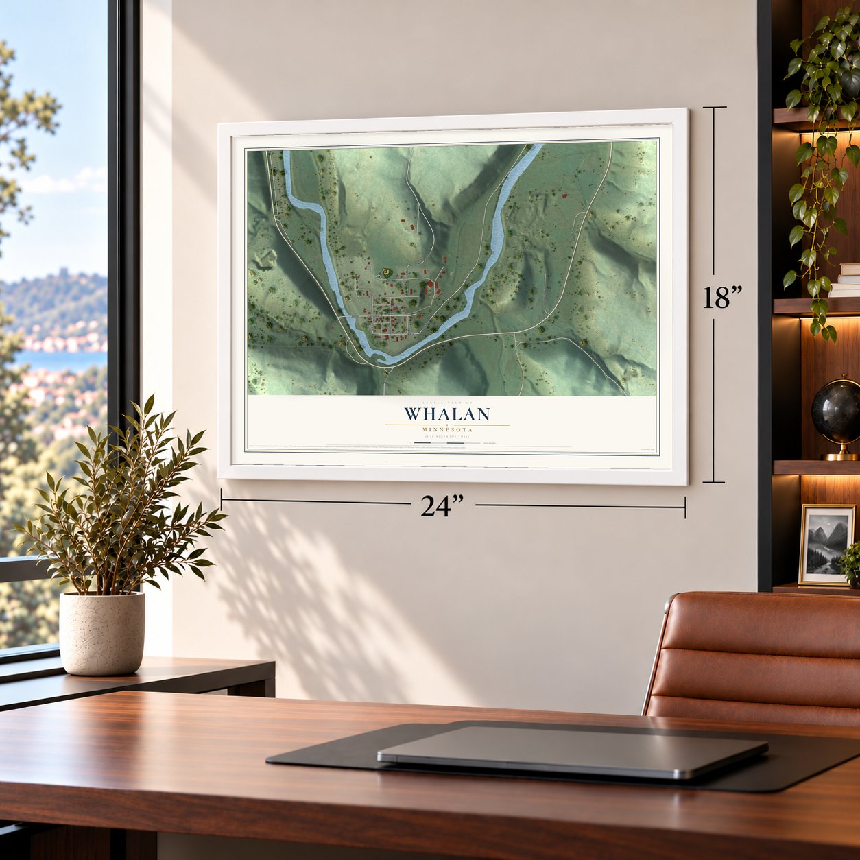 Whalan, Minnesota map, 18 x 24 inch print in a white frame in a home office