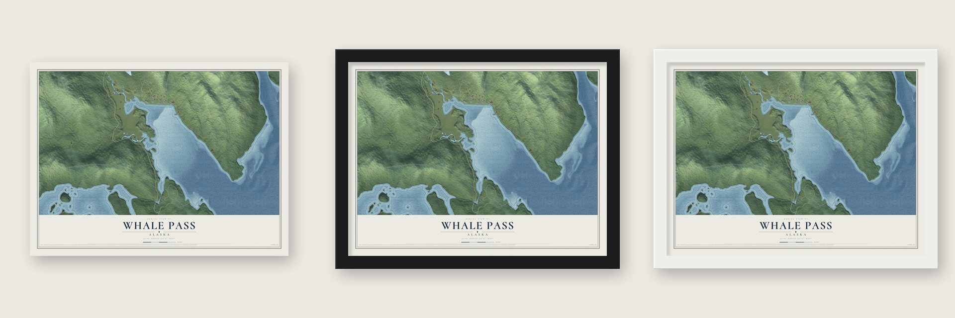 Whale Pass, Alaska map unframed, in a black wood frame and in a white wood frame