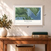 Whale Pass, Alaska map, 12 x 18 inch print in a white frame in an entryway