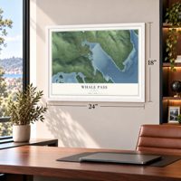 Whale Pass, Alaska map, 18 x 24 inch print in a white frame in a home office