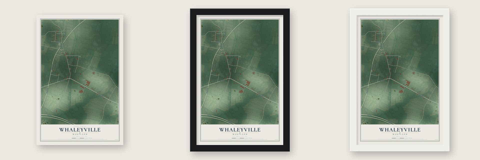 Whaleyville, Maryland map unframed, in a black wood frame and in a white wood frame