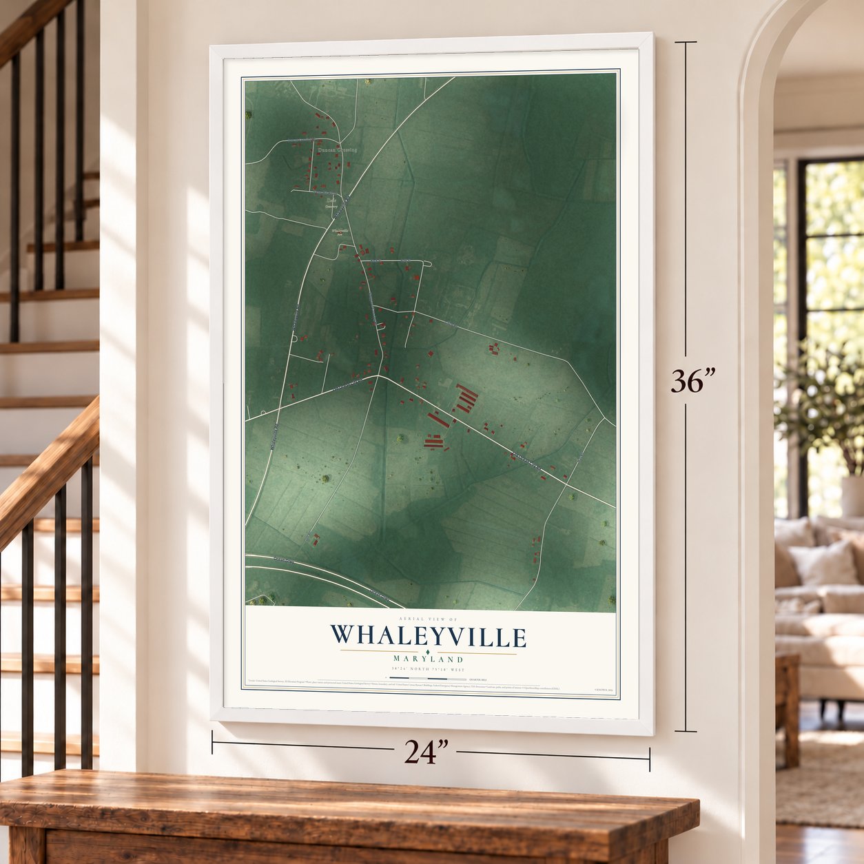Whaleyville, Maryland map, 24 x 36 inch print in a white frame by a staircase