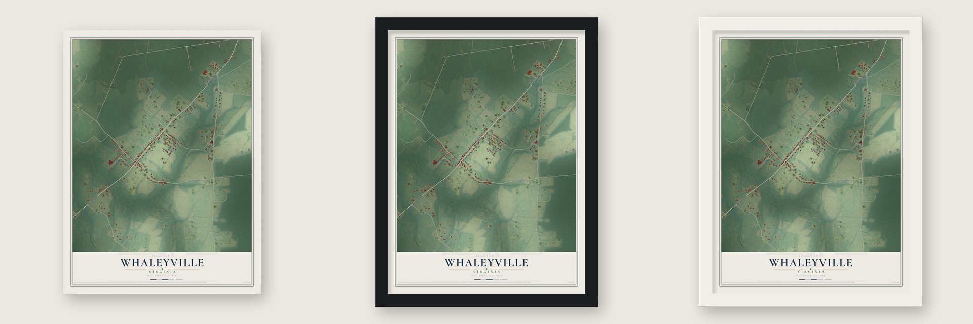 Whaleyville, Virginia map unframed, in a black wood frame and in a white wood frame