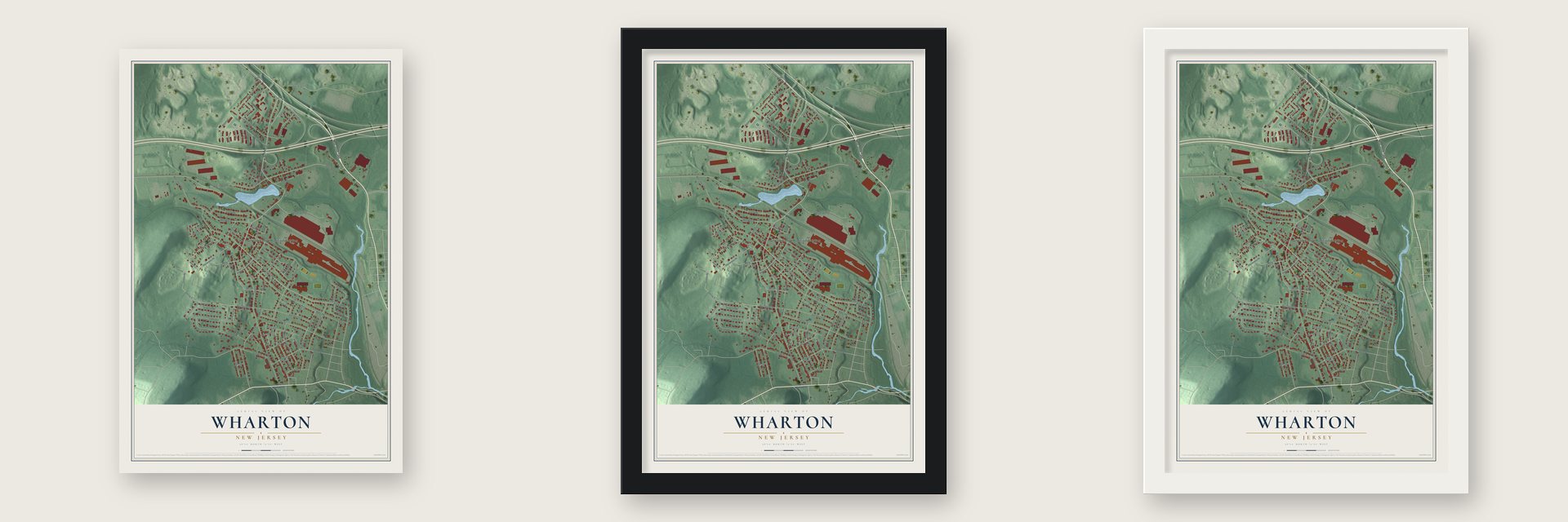 Wharton, New Jersey map unframed, in a black wood frame and in a white wood frame