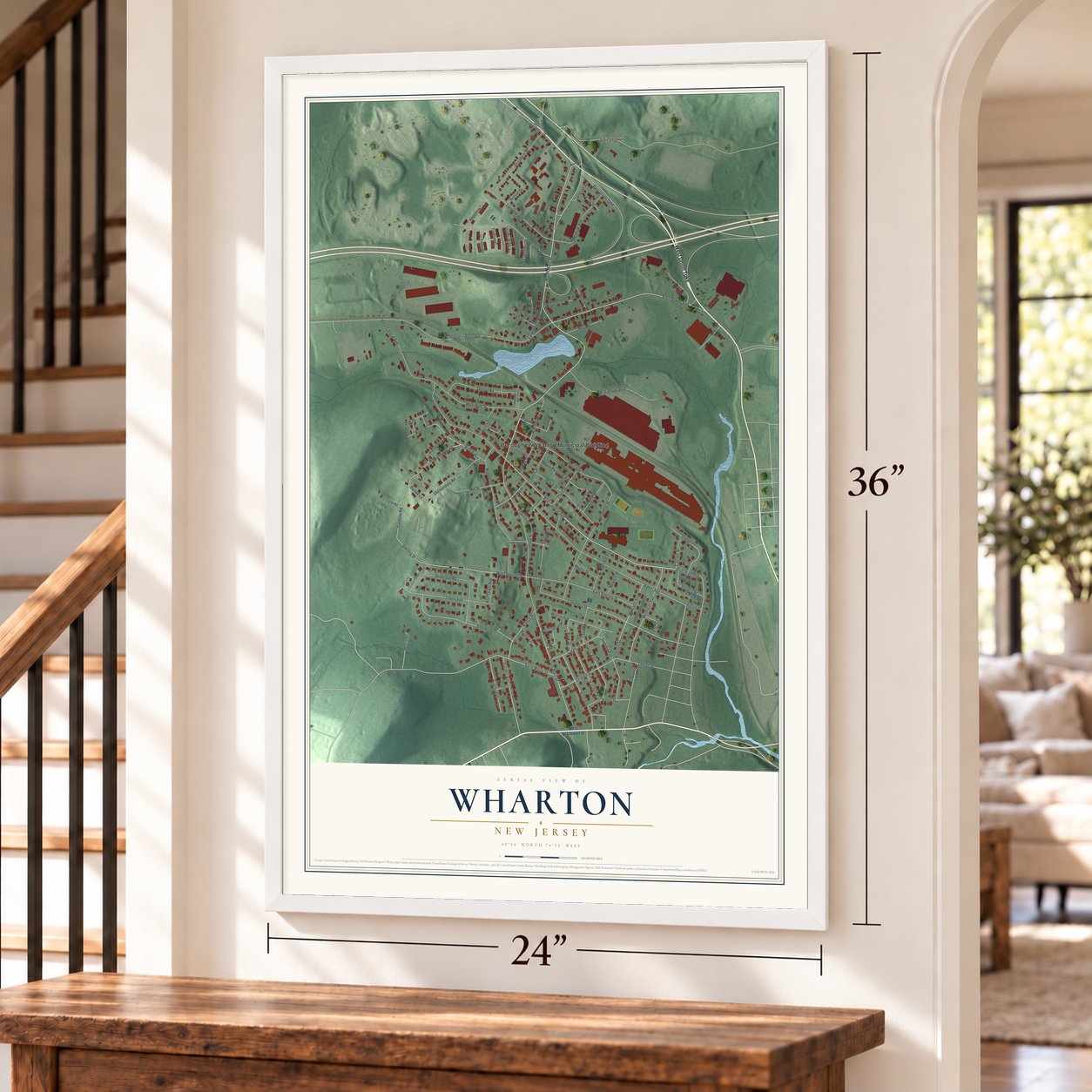 Wharton, New Jersey map, 24 x 36 inch print in a white frame by a staircase