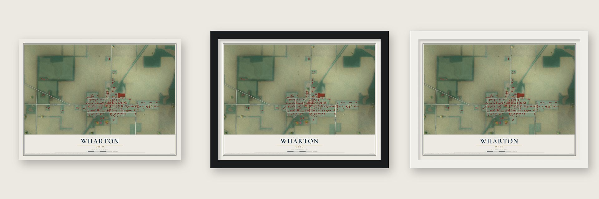 Wharton, Ohio map unframed, in a black wood frame and in a white wood frame
