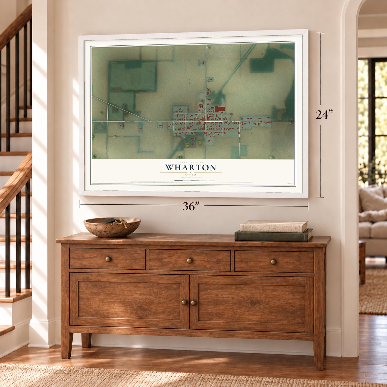 Wharton, Ohio map, 24 x 36 inch print in a white frame above a dresser by a staircase