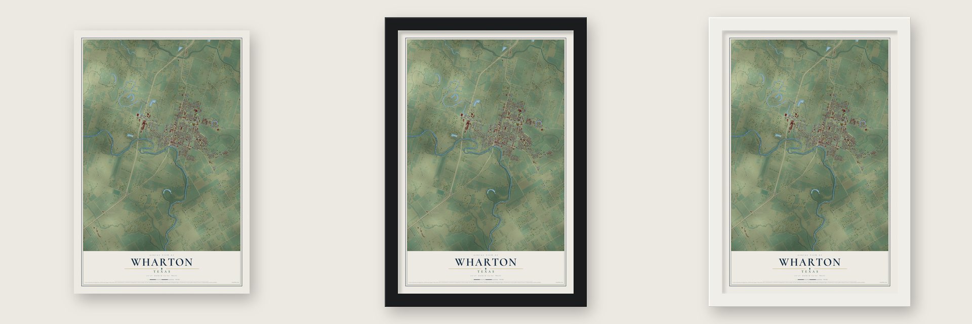 Wharton, Texas map unframed, in a black wood frame and in a white wood frame