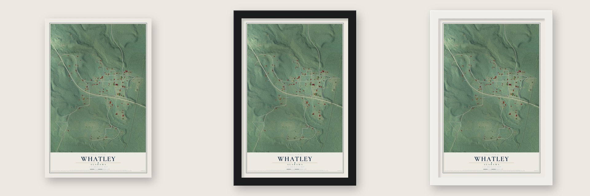 Whatley, Alabama map unframed, in a black wood frame and in a white wood frame