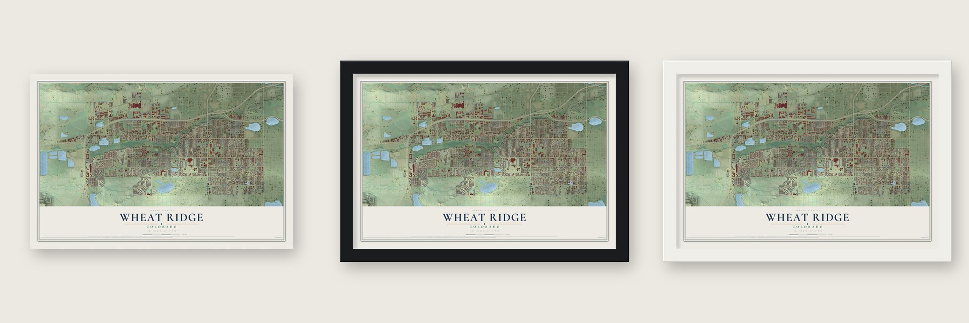 Wheat Ridge, Colorado map unframed, in a black wood frame and in a white wood frame