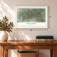 Wheat Ridge, Colorado map, 12 x 18 inch print in a white frame in an entryway