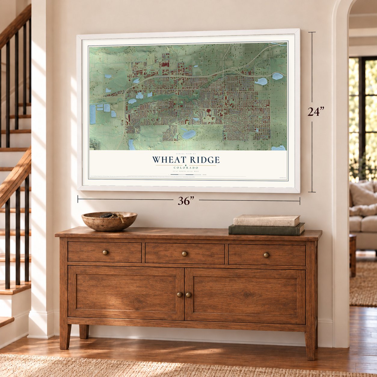 Wheat Ridge, Colorado map, 24 x 36 inch print in a white frame above a dresser by a staircase