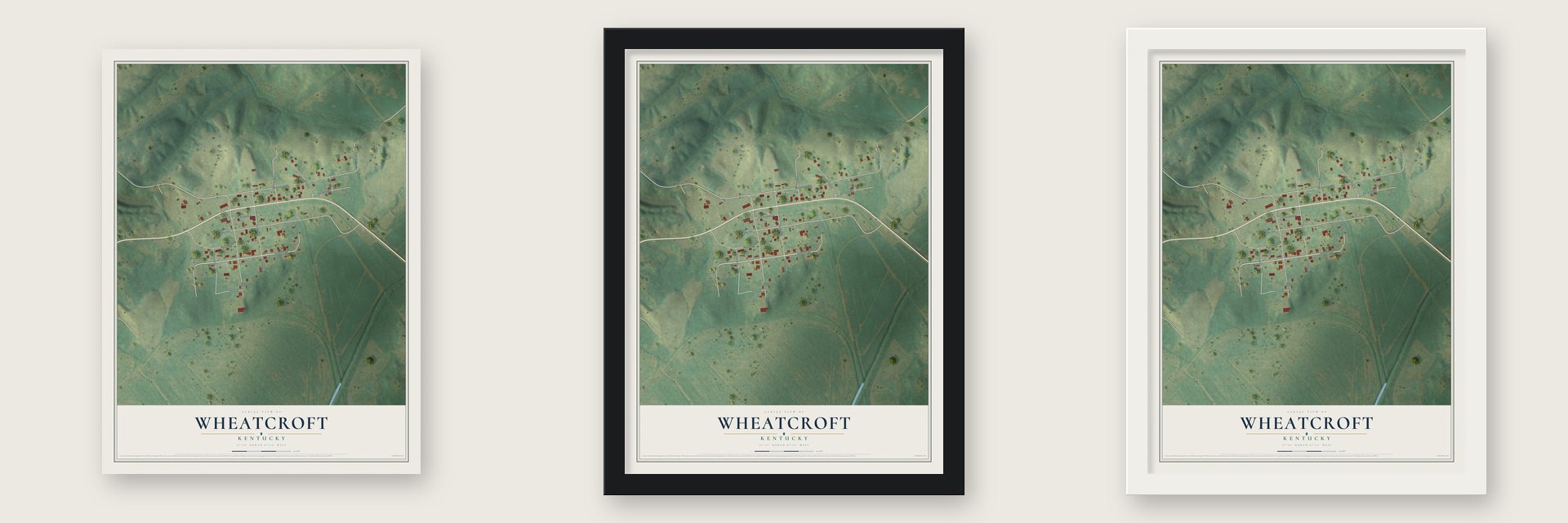 Wheatcroft, Kentucky map unframed, in a black wood frame and in a white wood frame