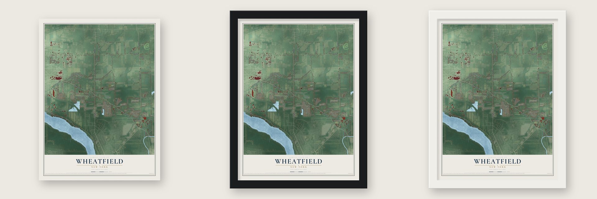 Wheatfield, New York map unframed, in a black wood frame and in a white wood frame