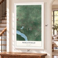Wheatfield, New York map, 24 x 36 inch print in a white frame by a staircase