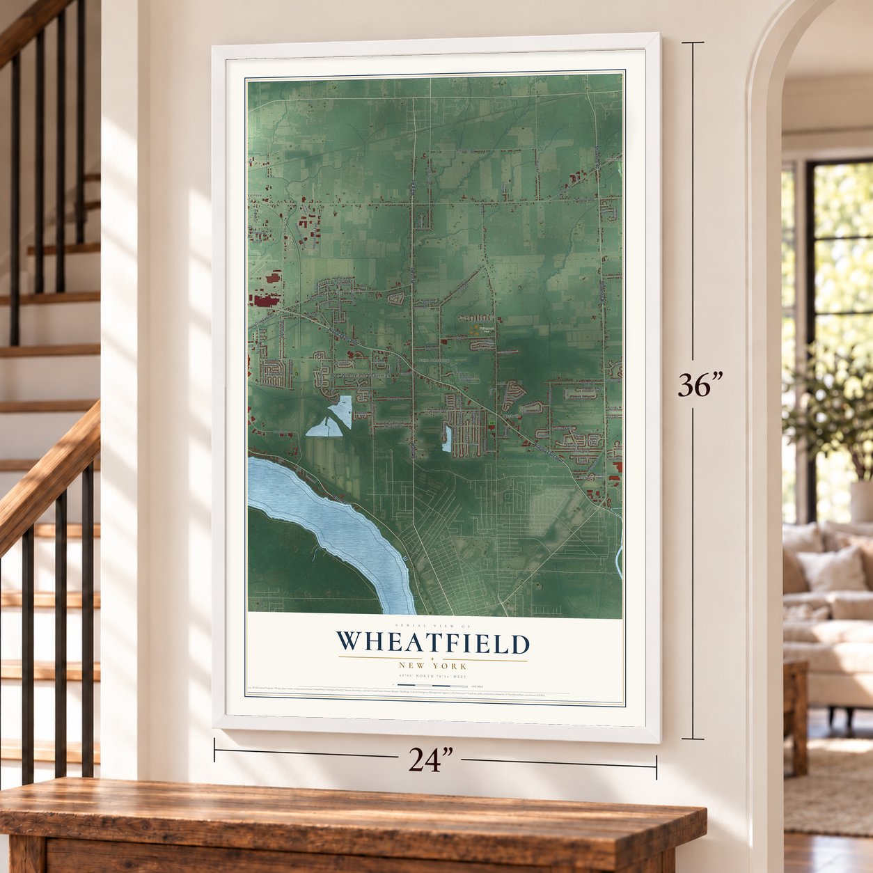 Wheatfield, New York map, 24 x 36 inch print in a white frame by a staircase