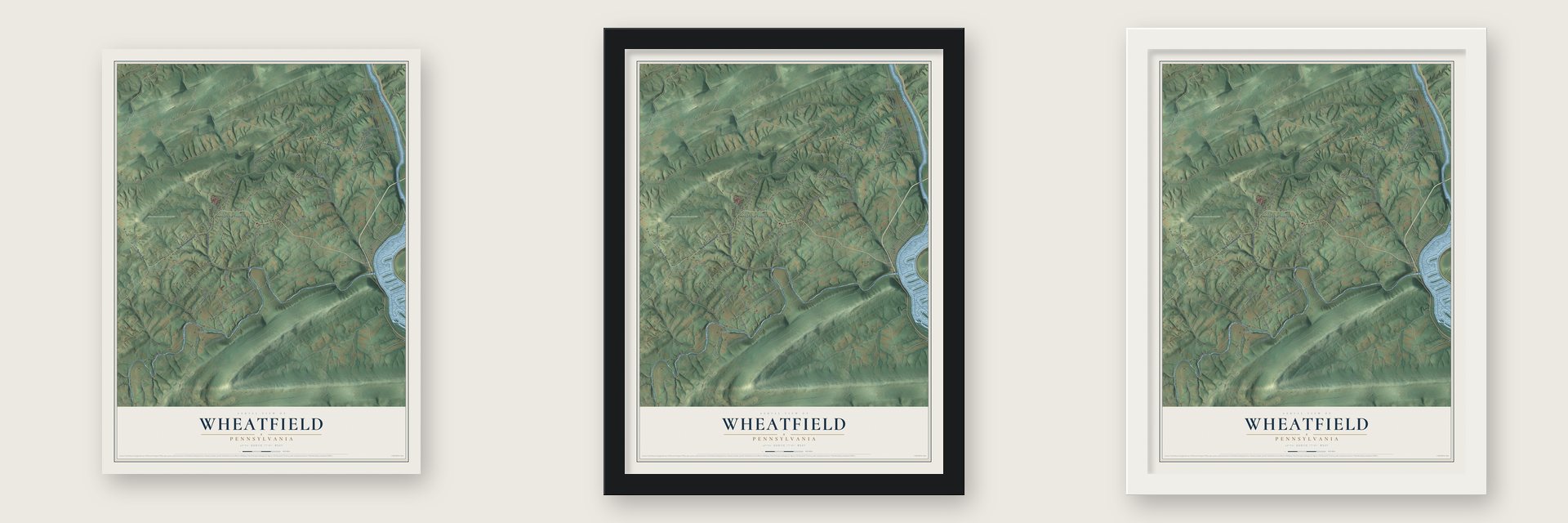 Wheatfield, Pennsylvania map unframed, in a black wood frame and in a white wood frame