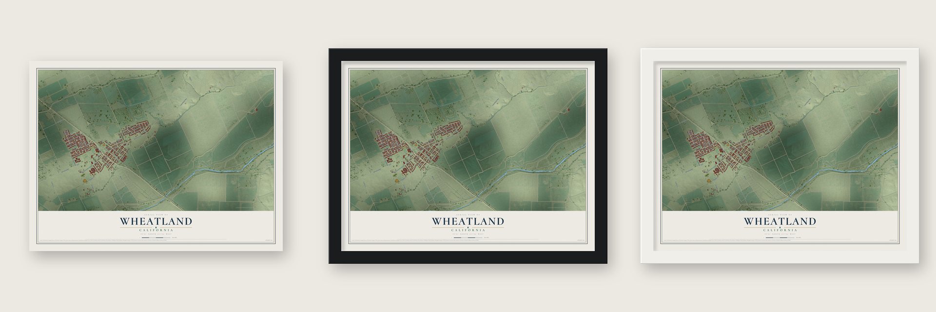 Wheatland, California map unframed, in a black wood frame and in a white wood frame