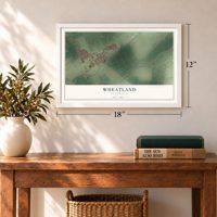 Wheatland, California map, 12 x 18 inch print in a white frame in an entryway