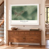 Wheatland, California map, 24 x 36 inch print in a white frame above a dresser by a staircase
