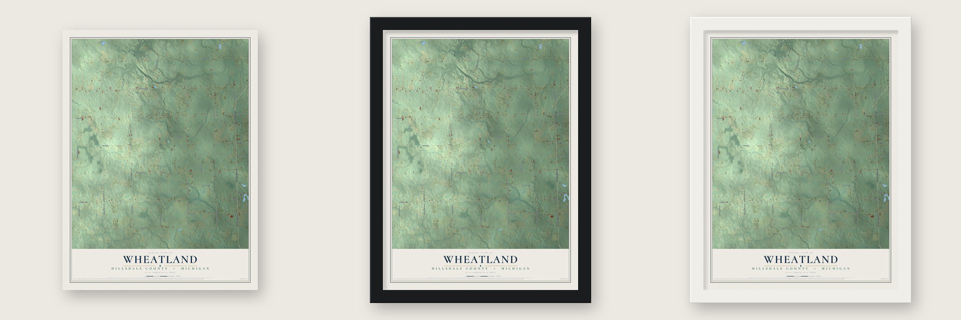 Wheatland, Hillsdale County, Michigan map unframed, in a black wood frame and in a white wood frame