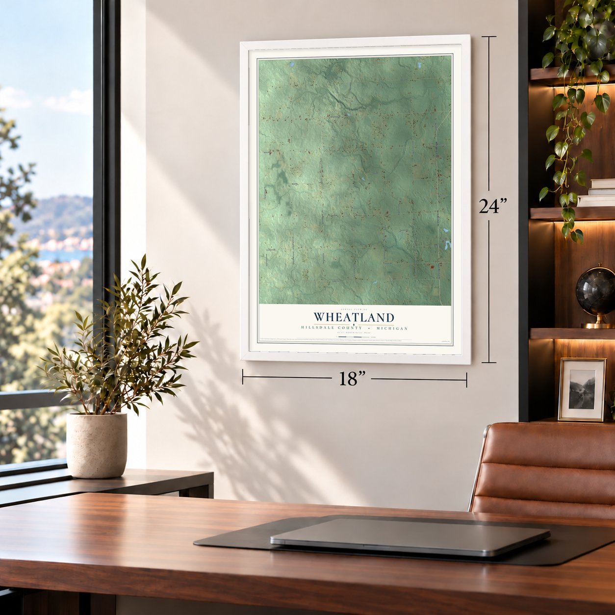 Wheatland, Hillsdale County, Michigan map, 18 x 24 inch print in a white frame in a home office