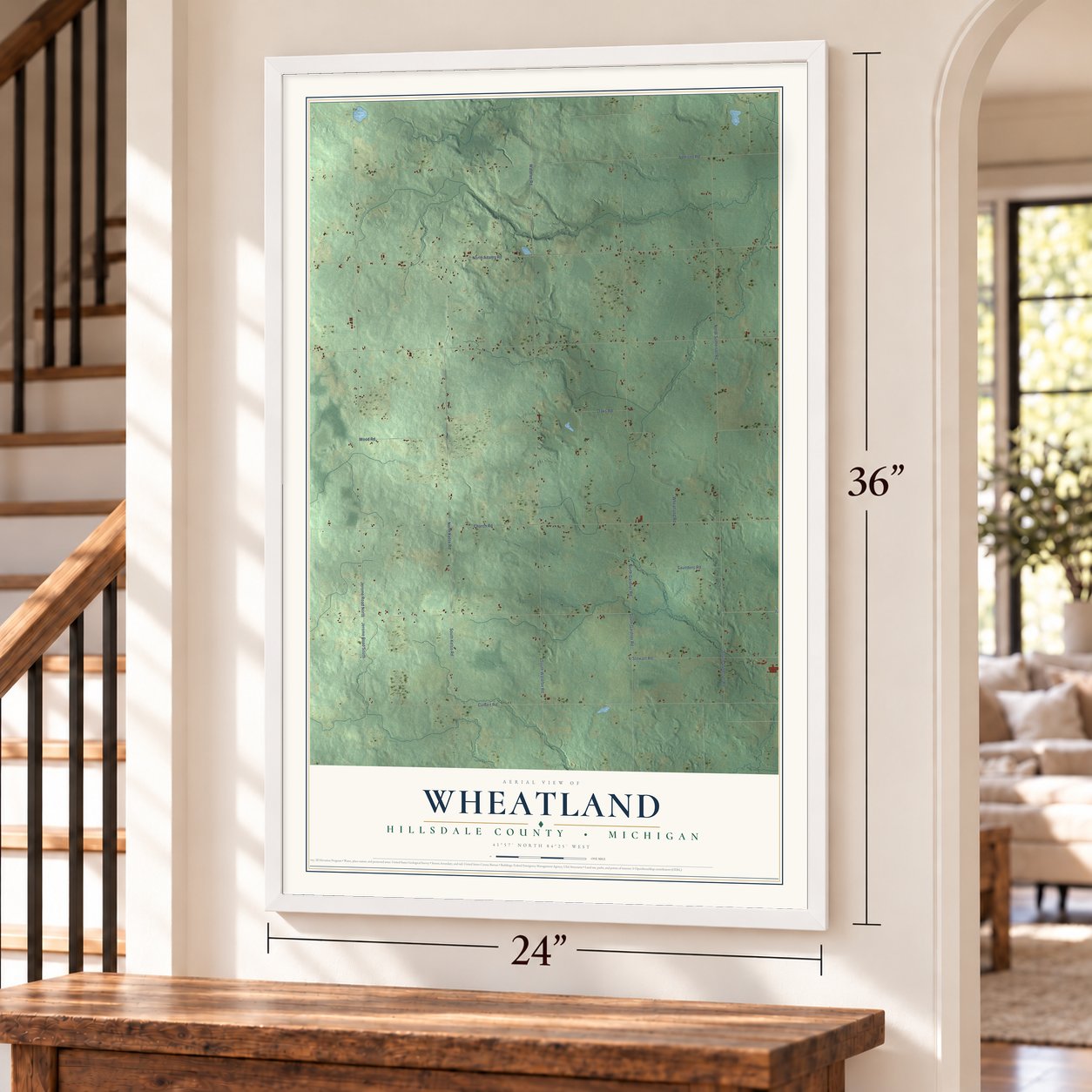 Wheatland, Hillsdale County, Michigan map, 24 x 36 inch print in a white frame by a staircase