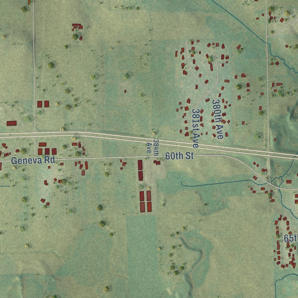 Second close-up of the map of Wheatland, Kenosha County, Wisconsin print showing more streets and buildings