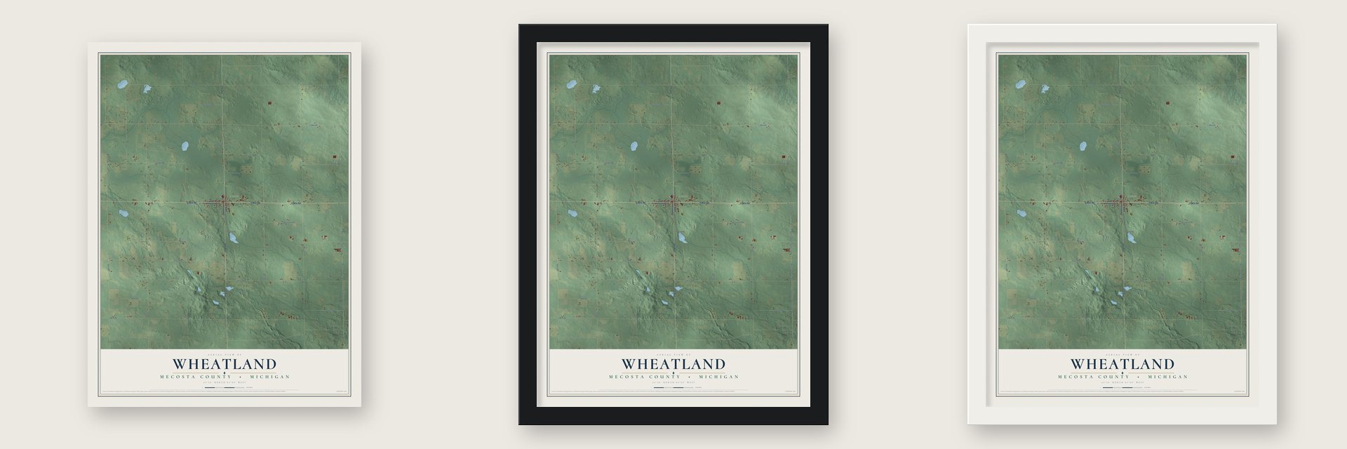 Wheatland, Mecosta County, Michigan map unframed, in a black wood frame and in a white wood frame