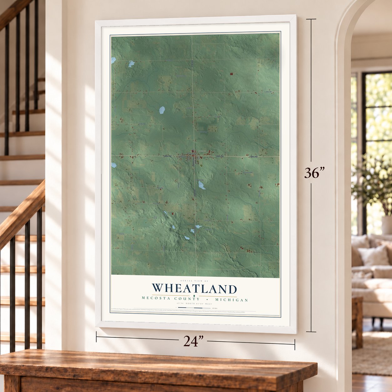 Wheatland, Mecosta County, Michigan map, 24 x 36 inch print in a white frame by a staircase