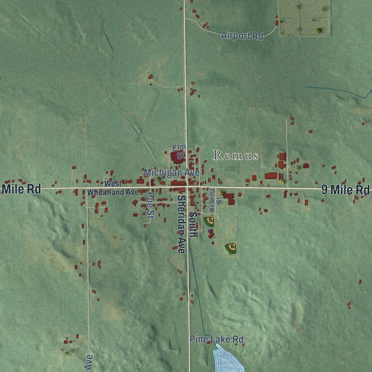 Second close-up of the map of Wheatland, Mecosta County, Michigan print showing more streets and buildings