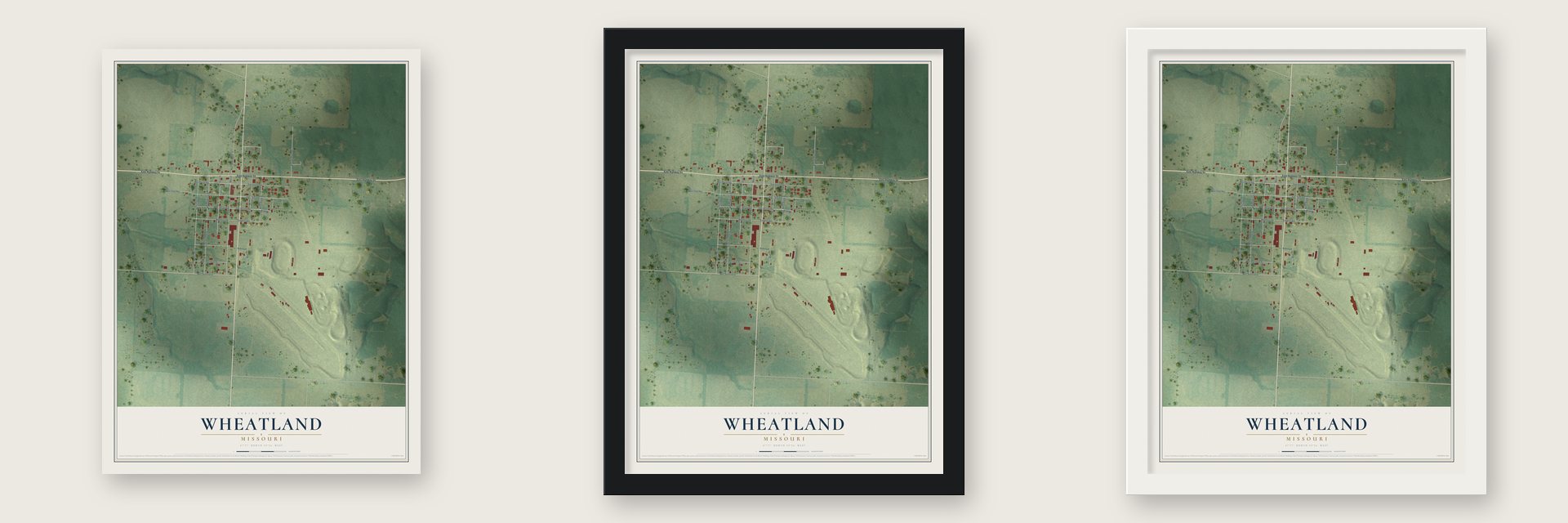 Wheatland, Missouri map unframed, in a black wood frame and in a white wood frame