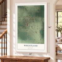 Wheatland, Missouri map, 24 x 36 inch print in a white frame by a staircase