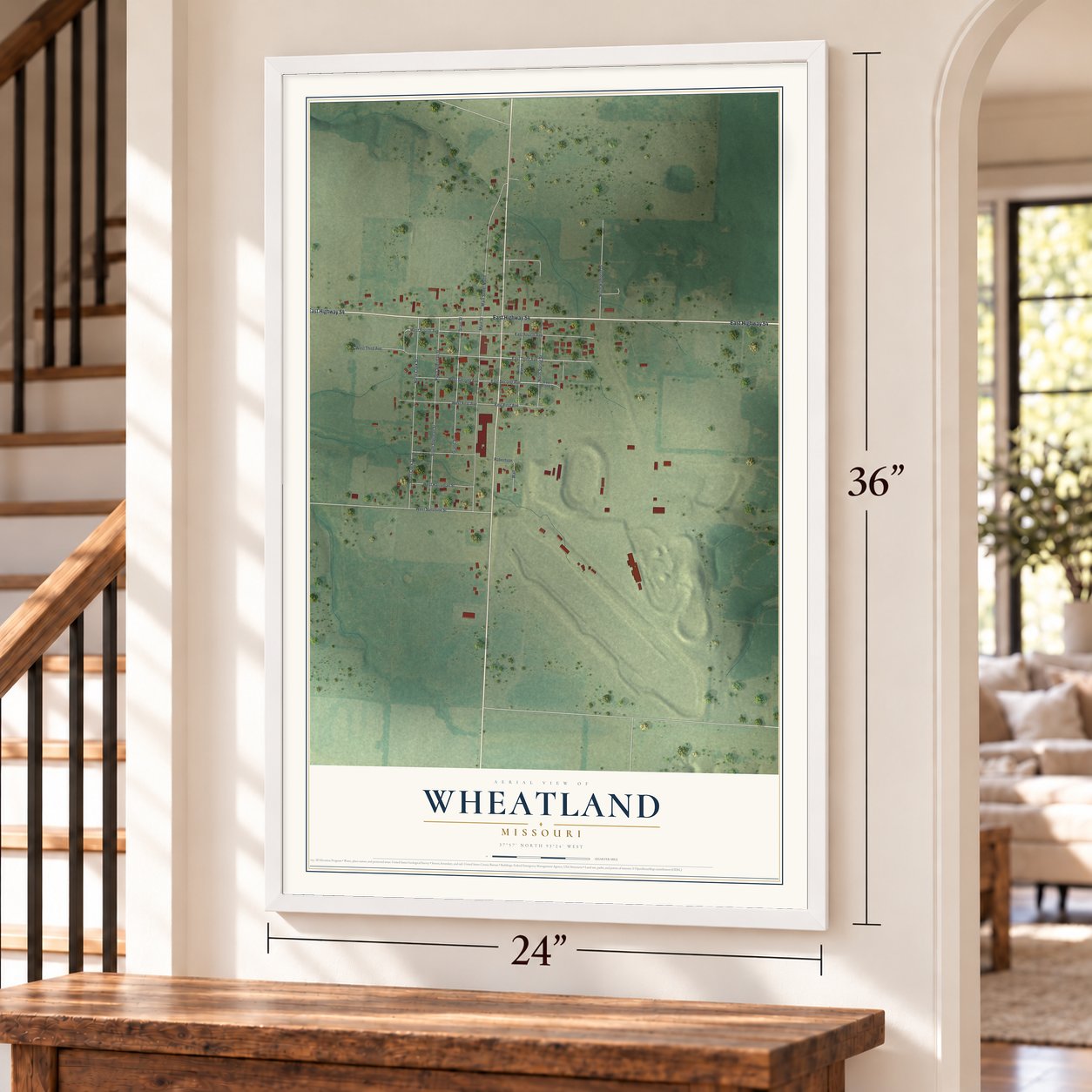 Wheatland, Missouri map, 24 x 36 inch print in a white frame by a staircase
