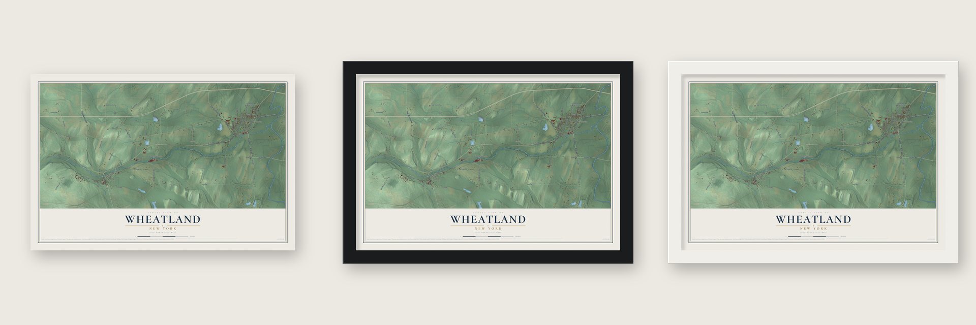 Wheatland, New York map unframed, in a black wood frame and in a white wood frame