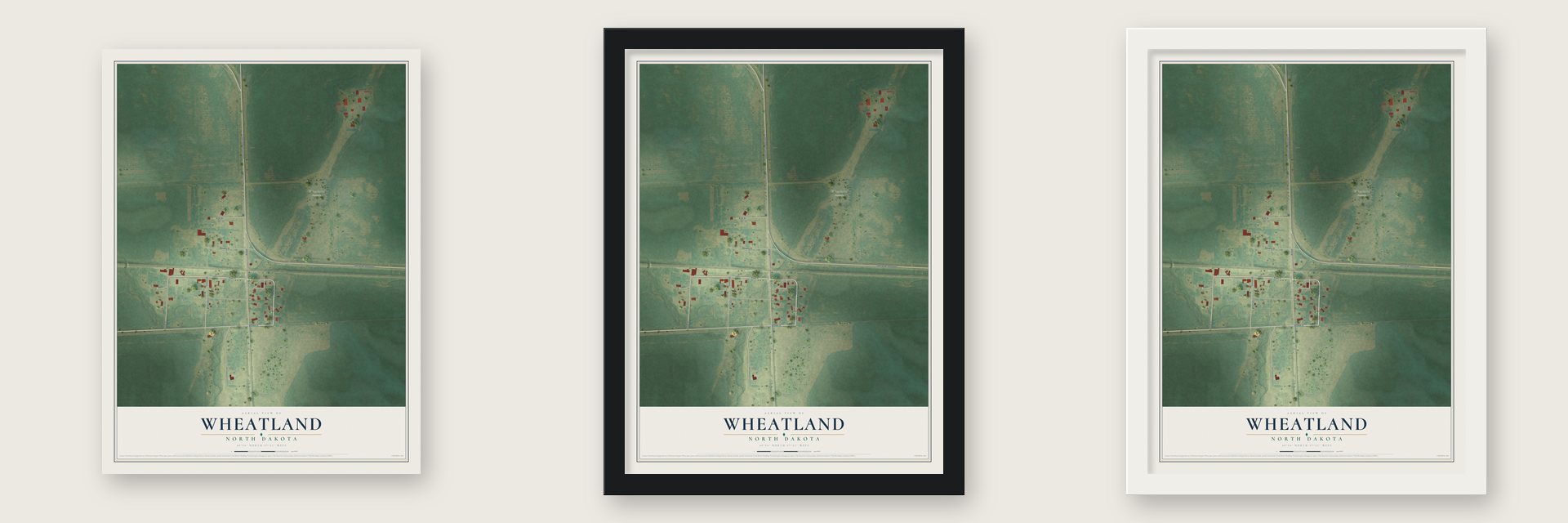 Wheatland, North Dakota map unframed, in a black wood frame and in a white wood frame