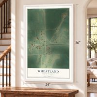 Wheatland, North Dakota map, 24 x 36 inch print in a white frame by a staircase