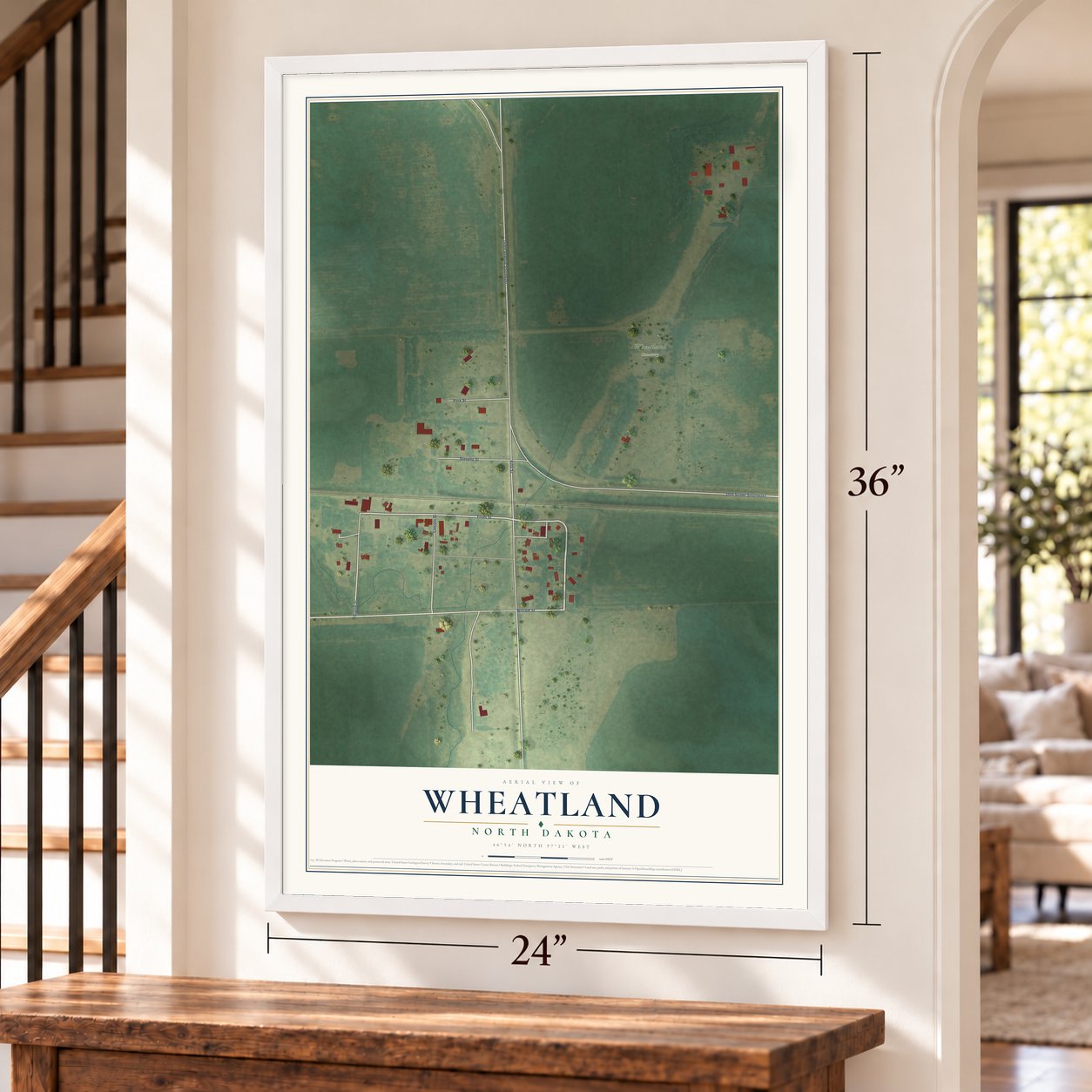 Wheatland, North Dakota map, 24 x 36 inch print in a white frame by a staircase