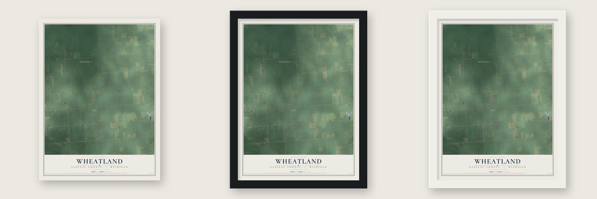 Wheatland, Sanilac County, Michigan map unframed, in a black wood frame and in a white wood frame