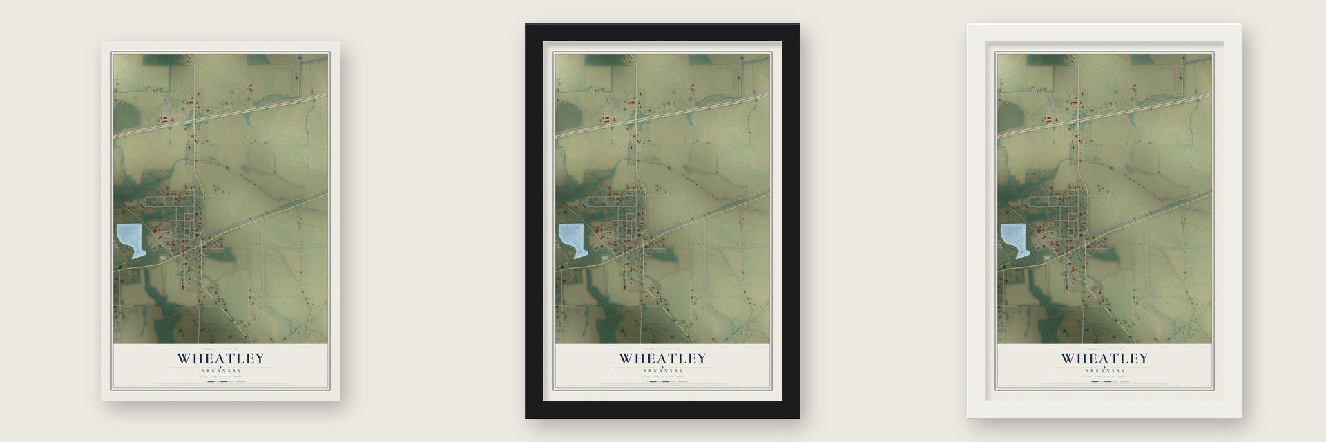 Wheatley, Arkansas map unframed, in a black wood frame and in a white wood frame