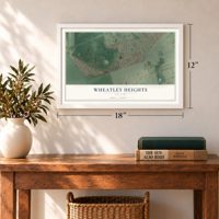 Wheatley Heights, New York map, 12 x 18 inch print in a white frame in an entryway