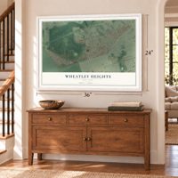 Wheatley Heights, New York map, 24 x 36 inch print in a white frame above a dresser by a staircase