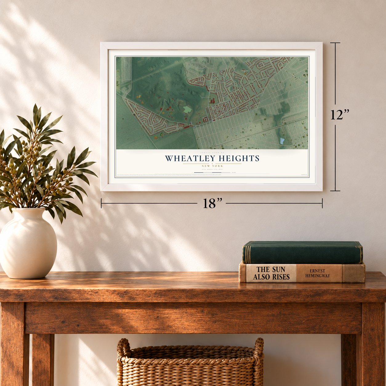 Wheatley Heights, New York map, 12 x 18 inch print in a white frame in an entryway