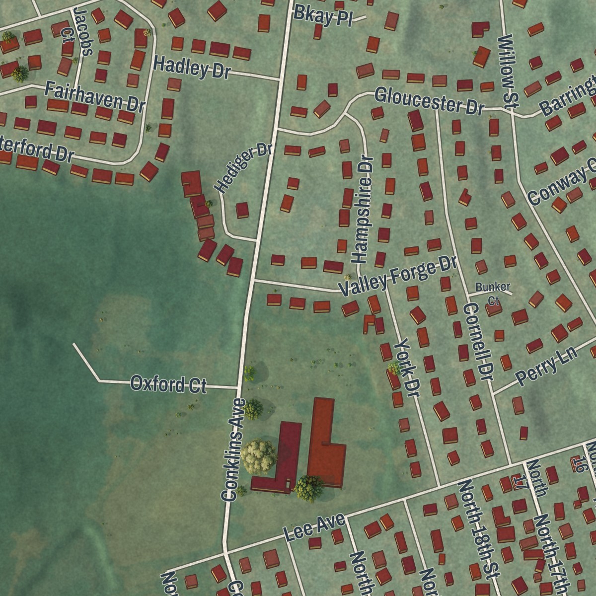 Second close-up of the map of Wheatley Heights, New York print showing more streets and buildings