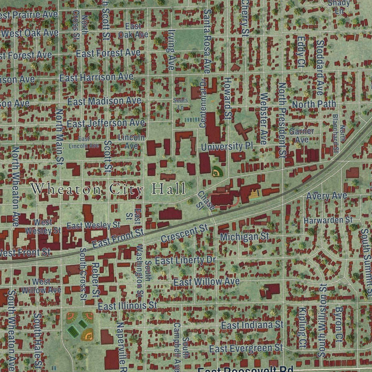 Second close-up of the map of Wheaton, Illinois print showing more streets and buildings