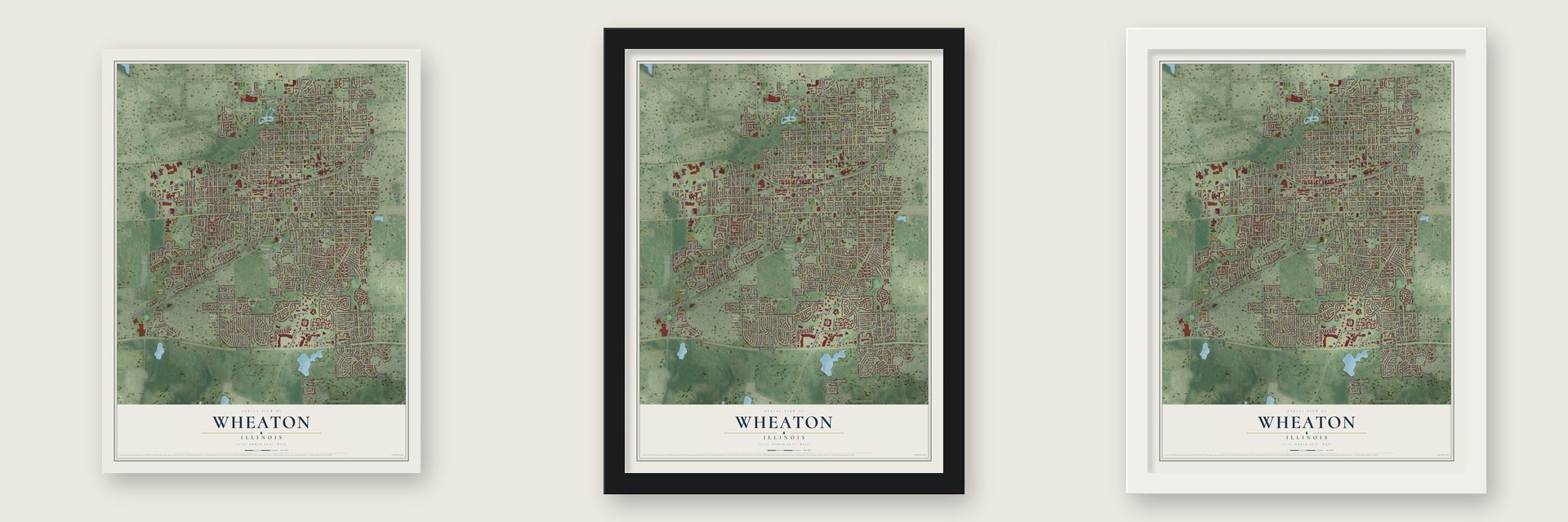 Wheaton, Illinois map unframed, in a black wood frame and in a white wood frame