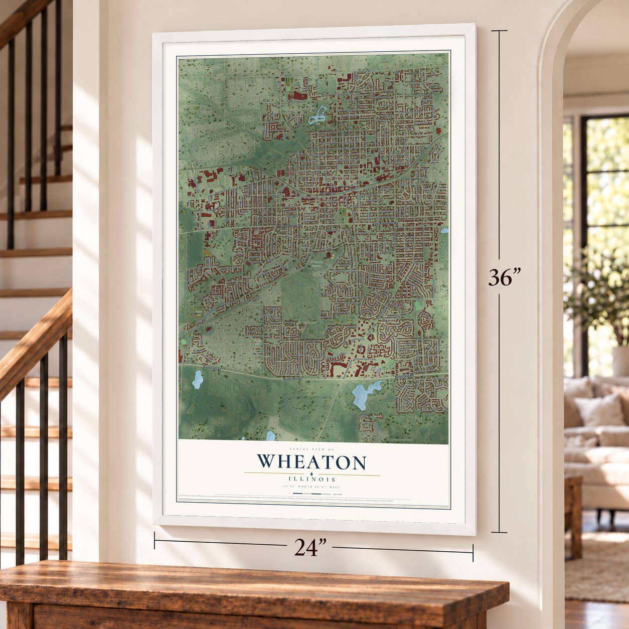 Wheaton, Illinois map, 24 x 36 inch print in a white frame by a staircase
